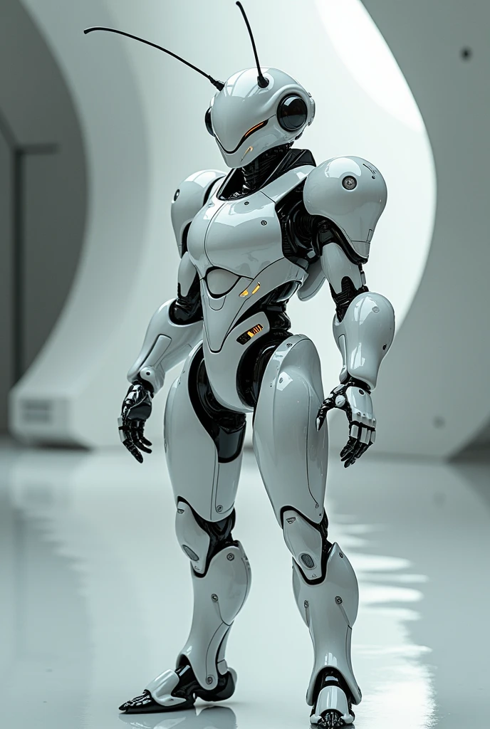 Ant in white glossy cyborg costume