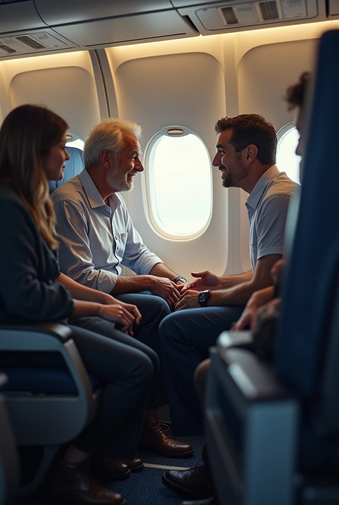 male tourist talking inside a plane
