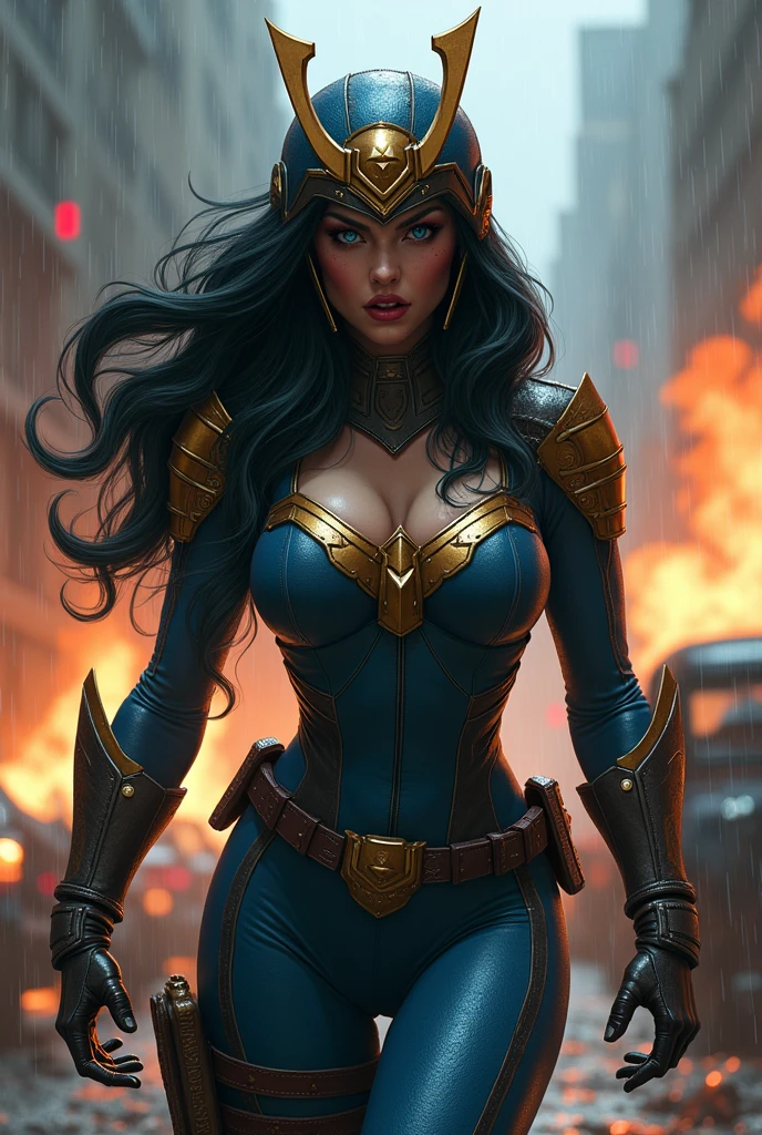 A beautiful woman under the cloak of the warrior Big Barda has long hair, black and almost always hidden by his samurai helmet. His eyes are light blue. Her superheroine costume is samurai themed.. His costume usually includes a blue jumpsuit and a gold armor top over his jumpsuit on his knees screaming exhausted after an extensive battle blood around him in a rainy apocalyptic city cars and buildings on fire Superman Man Of Steel Movie Costume