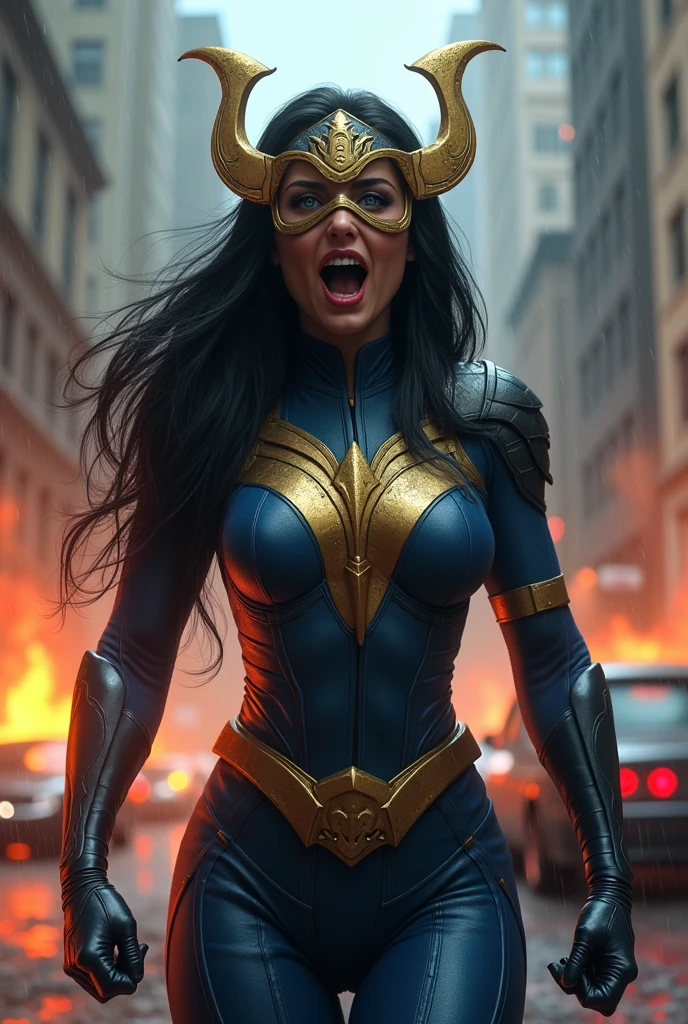 A beautiful woman under the cloak of the warrior Big Barda has long hair, black and almost always hidden by his samurai helmet. His eyes are light blue. Her superheroine costume is samurai themed.. His costume usually includes a blue jumpsuit and a gold armor top over his jumpsuit on his knees screaming exhausted after an extensive battle blood around him in a rainy apocalyptic city cars and buildings on fire Superman Man Of Steel Movie Costume