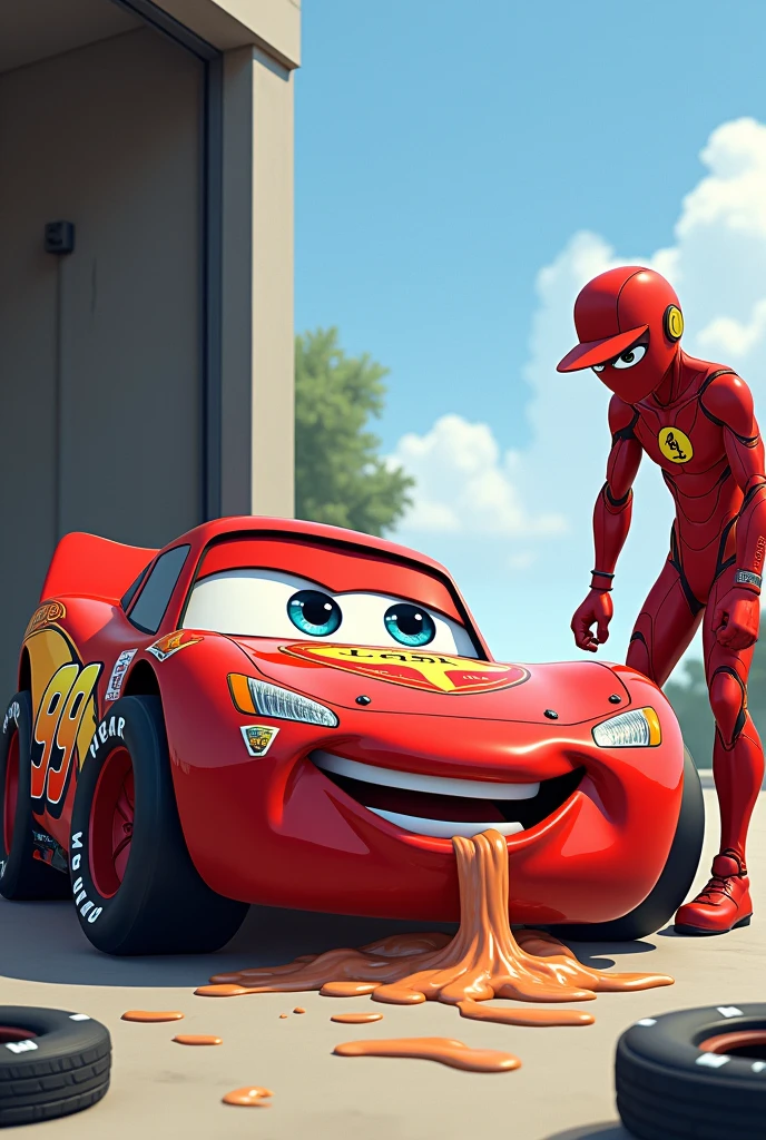 Crée moi une image de Flash McQueen qui a la diarrhée avec Jackson Storm