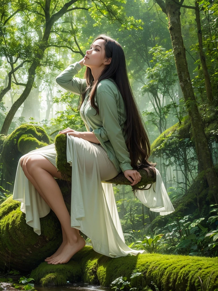a young girl sitting on a mossy log in a tranquil forest, sunlight filtering through the dense canopy, casting soft, dappled light on her, large, luminescent wings gracefully soaring above the treetops, surrounded by birds and a clear blue sky in a dream bubble above her, vibrant and magical scene inside the bubble contrasting with the calm, earthy tones of the forest, blend of serenity, wonder, and the longing to break free and explore the skies, (best quality,4k,8k,highres,masterpiece:1.2),ultra-detailed,(realistic,photorealistic,photo-realistic:1.37),extremely detailed eyes and face, beautiful detailed lips, longeyelashes, portrait, fantasy, natural lighting, lush forest, magical realism, vivid colors