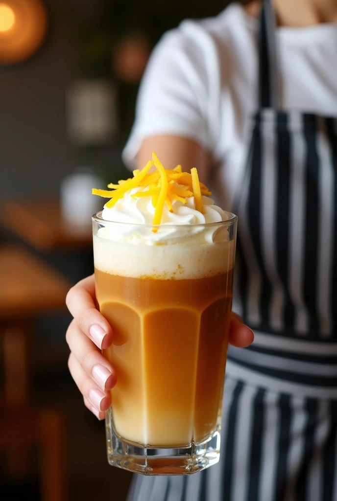 Close-up shot of Thai iced tea in a large glass with white whipped cream and yellow egg yolk shreds on top. The glass is square with notches on the top edge. The glass is placed in the hand of a woman wearing a white dress and a black apron with white stripes. In the background is a Thai restaurant with brown wooden tables and chairs. The atmosphere in the shot looks bright and inviting. The light shines down from above, creating soft shadows on the glass and whipped cream.