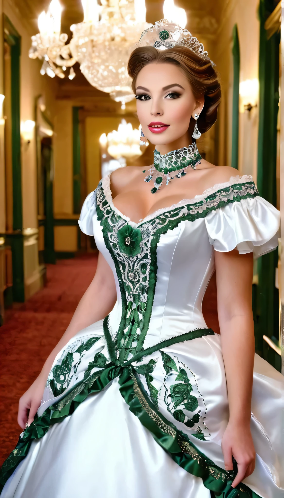 There is a beautiful woman, blue eyed blonde, (in dark-green and white satin dress), (Victoria style satin suit), 1 8 7 0 s Seasonal clothing, Victorian satin Clothes, victory, victorian satin dress, 1 8 8 0 s style, in victorian aristocrat, usando Victorian Clothes, intricate victorian dress, victorian inspired clothing, com Victorian Clothes, wearing clothes from the 1860s,very long eyelashes, half open mouth, a whole body photo,big diamond collar, big diamond earrings,pink shiny lipgloss, big breasts, very tiny laced waist,  corseted women,full body photography, full body shot,half open mouth,shiny lipgloss, shiny satin dress, 