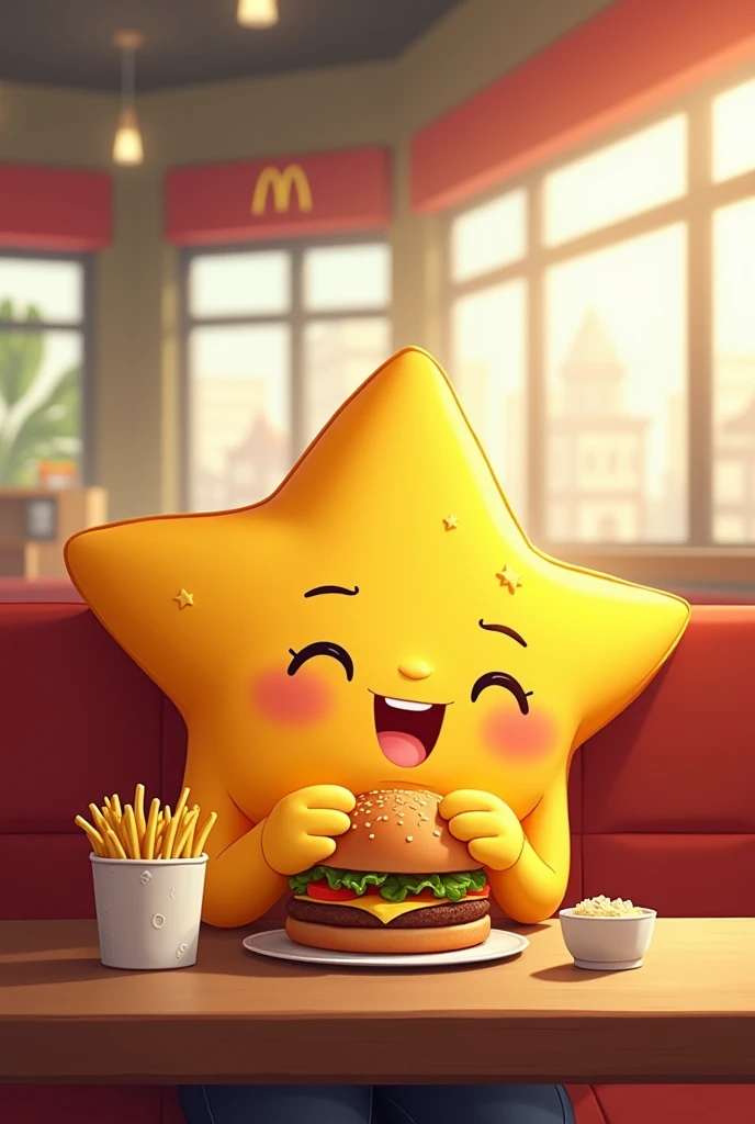Create a cute little star at McDonald&#39;s by eating McDonald&#39;s, sitting down, glad 