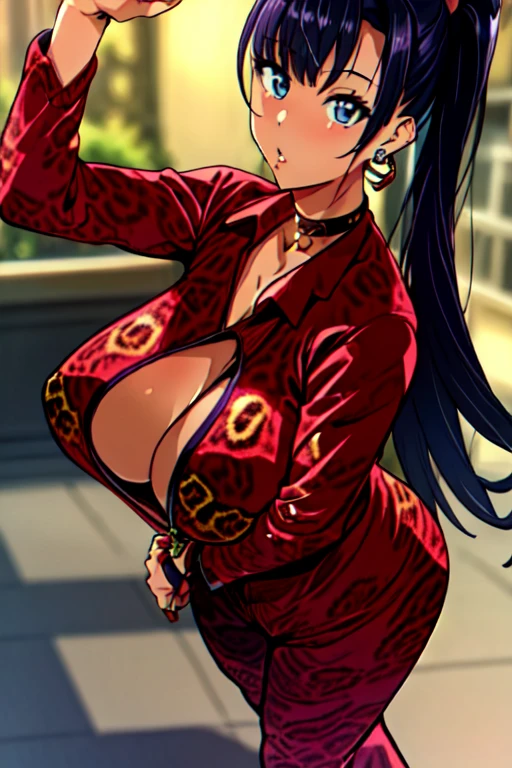 perfect eyes:1.2, detailed eyes:1.4, skindentation,Leopard print colored thin jumpersuit with v neck cleavage ,heels,Blue eyes, Purple hair, ((blunt bangs)), ((twin tail)),((Bare neck)), ((fully tied hair)),20yo, Young female, Beautiful Finger, Beautiful long legs, Beautiful body, Beautiful Nose, Beautiful character design, perfect balance, 1girl, solo, (masterpiece:1.6, best quality), 8k, insane details, intricate details, hyperdetailed, hyper quality, high detail, ultra detailed, professional, HDR, ray tracing reflection, cinematic lighting,Cleavage,Busty,Big breast,ear piercing,multistrand Love shaped necklace,Half eyes open,Eyeshadow,Thick lips,Bracelet,Long nail,Ring,black color Chocker,Gyaru,flashy heart shaped earring,outside,((carrying chain Leopard print purse bag)),1hand on hips,Face fully viewed,view from afar,Monocolor outfit,Detailed ear,Detailed earring,Detailed head,Fully tied twintail,Standing,hand in hips,Sculpted calves,Curvy figure