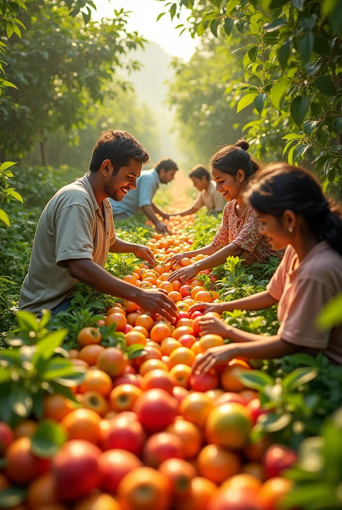 5 images where fresh fruits are plucked by the farmers which goes to the factory to be handpicked again and package them and transport and delivered to the retailers, restaurants and customers are enjoying the juices, the brand known as paperboat