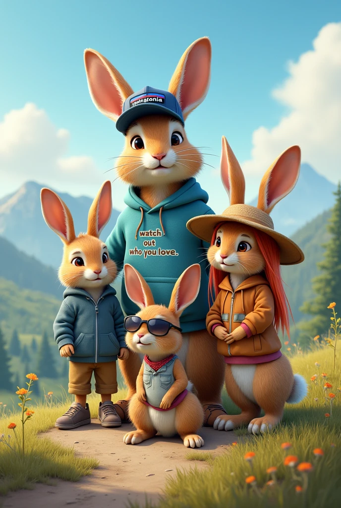 four rabbits on a mountain, two Boys and two Girls, the FIRST and largest rabbit is male and wears a cap from Patagonia. The SECOND rabbit is also male and a bit smaller than the first. He wears a hoodie that says "watch out who you love". The THIRD rabbit is female and a bit smaller than rabbit two, with sunglasses and long blonde hair. The FOURTH rabbit is also female and wears a sun hat and has red hair.