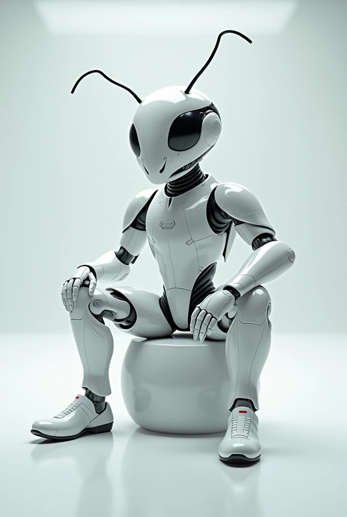Ant in white glossy cyborg costume seating 