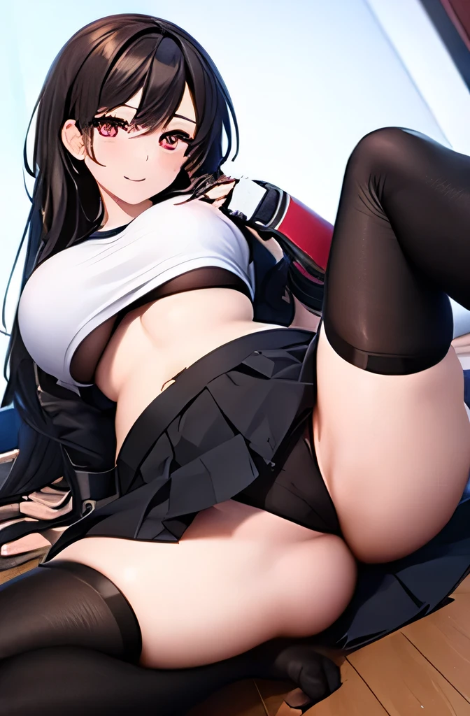 best quality, 8k,very aesthetic,A high school girl with brown hair and brown eyes、She is wearing a tight-fitting high school uniform。.、She has E-cup breasts and thighs.、Spread your legs, revealing clothes,Inside the room