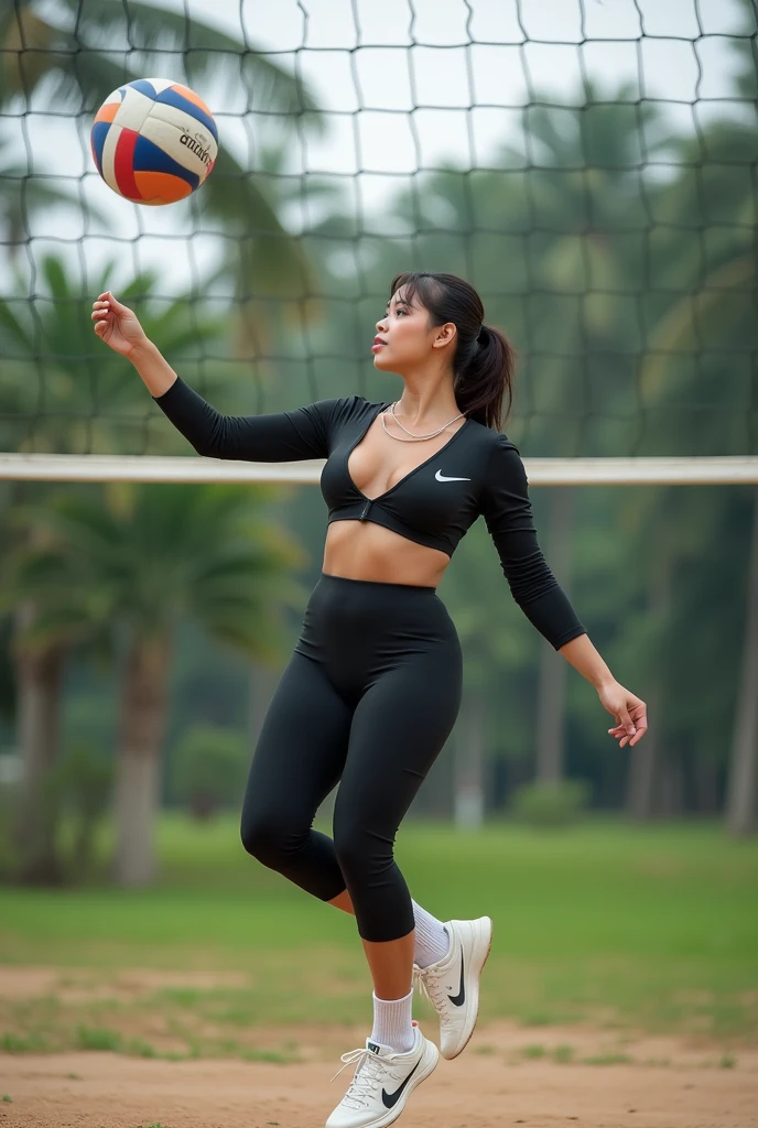 a beautiful Indonesian woman, abit chubby, huge breasted, tied short hair, longsleeve volleyball jersey, knee-lenght tight pants, nike running shoes, white socks, holding a volleyball, sexy and seductive expression, jumping on air at outdoor volleyball court in the countryside as a background detail, realistic photography, natural light, look at the viewer,