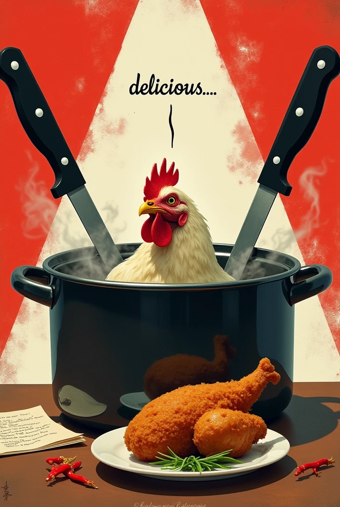 A red and white background, a pot with a fire underneath and a live chicken inside the pot, a crossed two knifes on the top, a fried chicken on aside, the chiken in the pot looking at the fried chicken write "Delicious ..." as a thought on the top of the chicken head, a recipe on the left corner 
