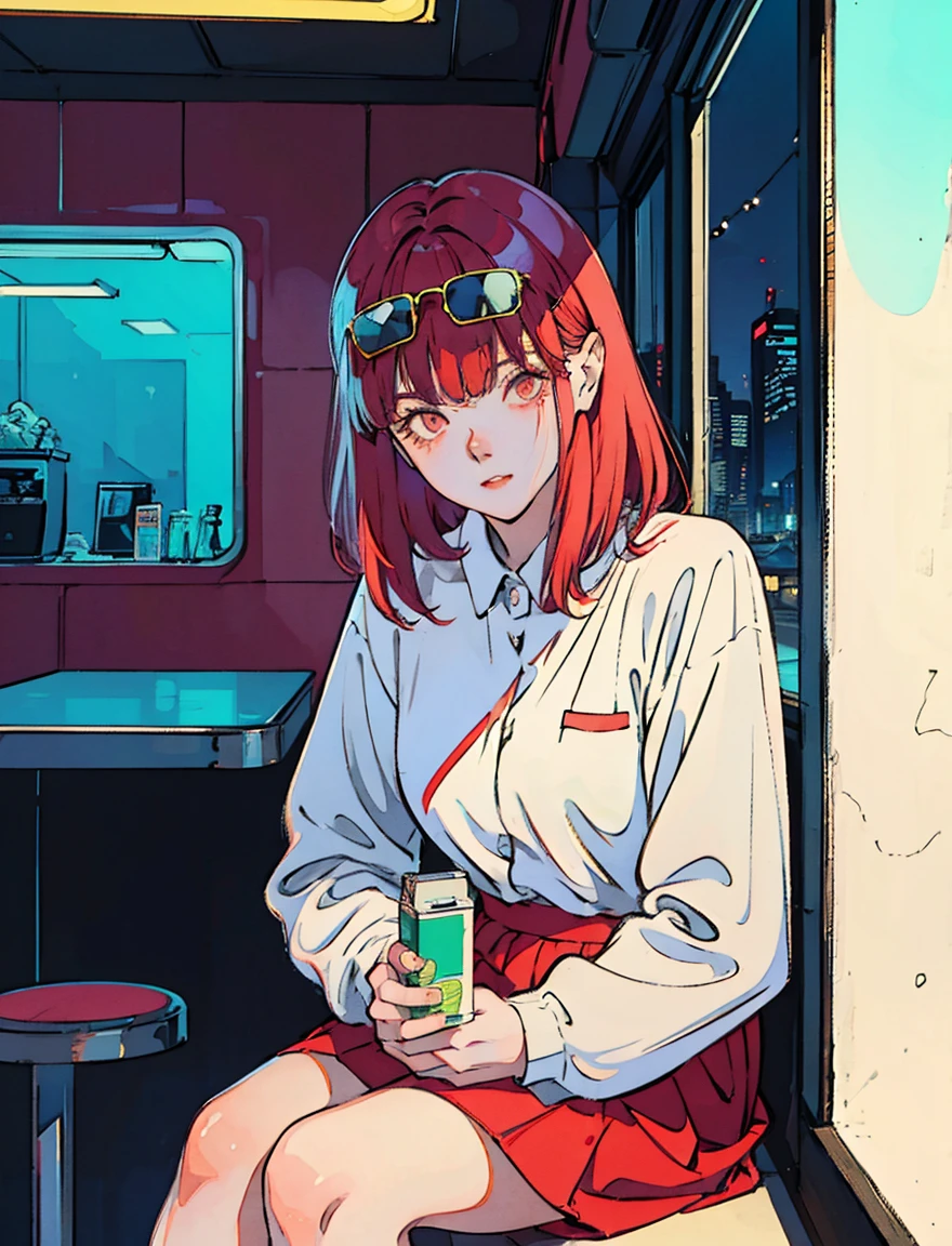 Beautiful redhead Asian girl sitting in a diner at night, Visible from the window, Perfect Face, sunglasses, Smoking white Taylormade cigarettes, Neon Black, (Backlight: 1.1), Hard Shadows, masterpiece, Highest quality, Complex, Model shooting style, Vintage, Film Grain, Incomplete details,