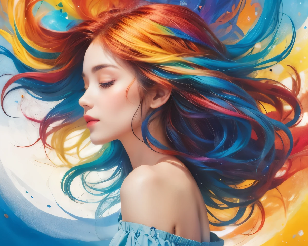 A woman with hair made from seven colors of the rainbow