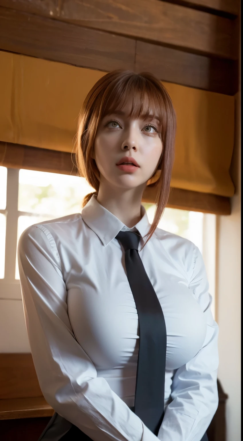 (best quality, master part, fullcolor, Dynamic angle, highest detailed) upper body photo, glad, (Makima, chainsawman), handsome fashion photography (red long hair) Daughter (Stunning mature woman), ((Huge breasts)), High Dress Up Detailed Office Makima Suit, white shirt black tie(high resolution textures), in doggy pose, bokeh, (details Intricate, hyperdetailed:1.15), circunstanciado, sunlight passing through hair, office background, (offcial art, extremely detaild, highest detailed),