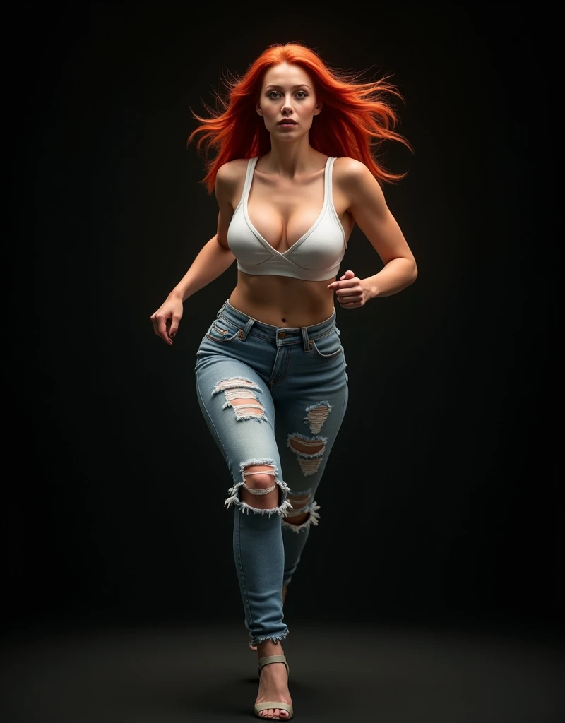 photography, wide angle, full body, hyperrealistic young woman, masterpiece, best quality (photorealistic: 1.4), full body, white bra, torn jeans, stands in a black background photography studio. Notice the intricacies of the details, the sharp focus. cinematic light, beautiful woman, slim, big breasts, red hair, detailed face, photo taken from a distance, she is running