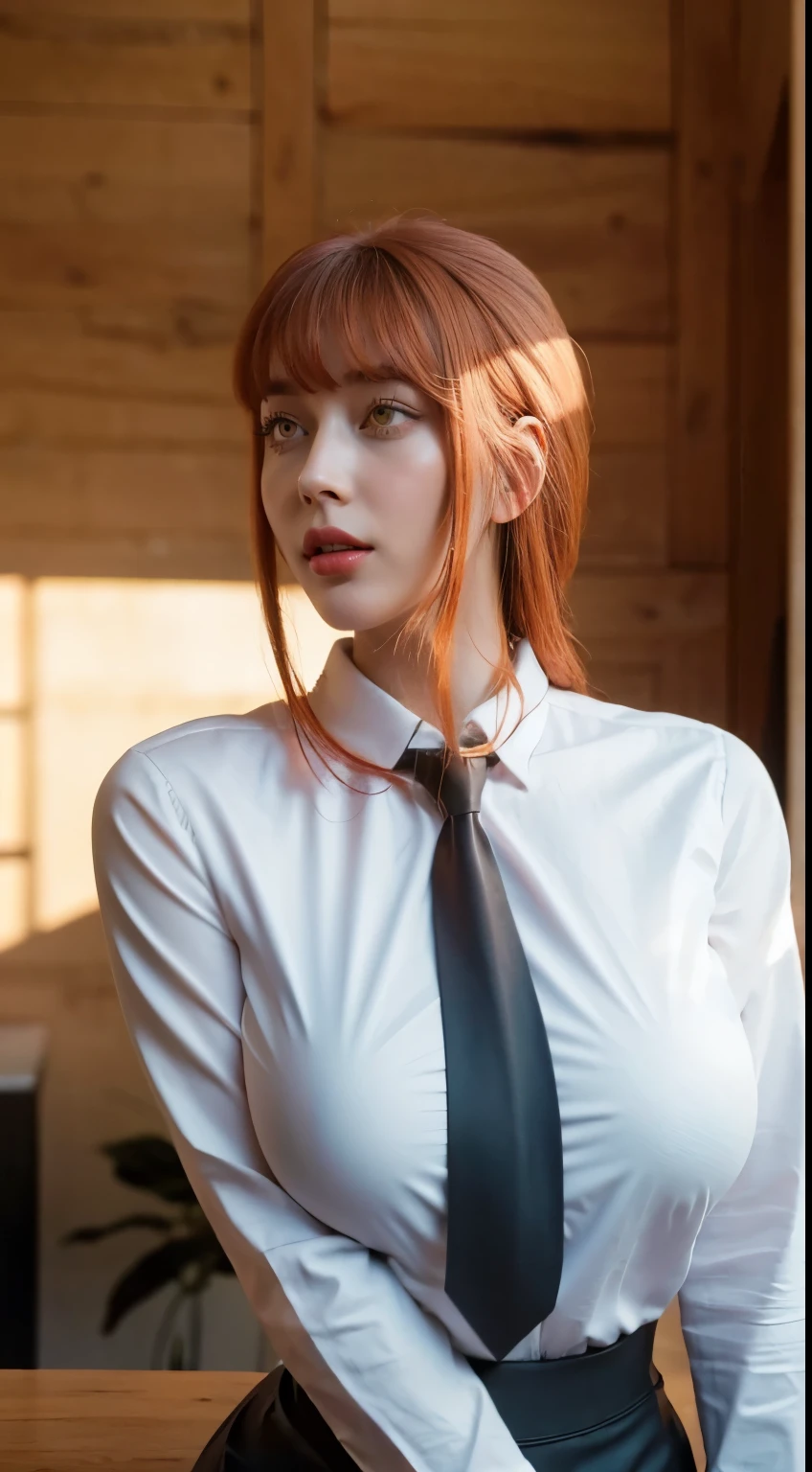 (best quality, master part, fullcolor, Dynamic angle, highest detailed) upper body photo, glad, (Makima, chainsawman), handsome fashion photography (red long hair) Daughter (Stunning mature woman), ((Huge breasts)), High Dress Up Detailed Office Makima Suit, white shirt black tie(high resolution textures), in doggy pose, bokeh, (details Intricate, hyperdetailed:1.15), circunstanciado, sunlight passing through hair, office background, (offcial art, extremely detaild, highest detailed),