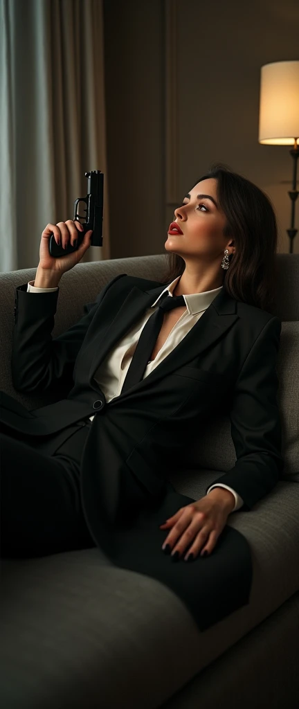 a stylish woman in a suit and tie reclining with gun while laying flat, with multiple girls legs visible in the frame, fashion,elegant,glamorous posture (best quality,4k,8k,highres,masterpiece:1.2),ultra-detailed,(realistic,photorealistic,photo-realistic:1.37),HDR,UHD,studio lighting,ultra-fine painting,sharp focus,physically-based rendering,extreme detail description,professional,vivid colors,bokeh,portrait,high fashion,elegant,glamorous,cinematic,dramatic lighting,moody,mysterious,sensual,sophisticated