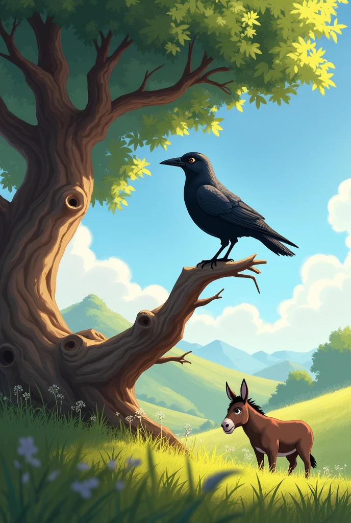 Crow sit tree and donkey eat grass