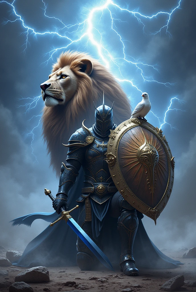 A soldier wearing an armor with a black color and golden edge, solider kneeling  down only on the right  leg,blue sword on his right hand, A golden shield on the left hand, a giant mighty lion standing behind the soldier , a lightning all over the place,a dove on the shoulder of the soldier 