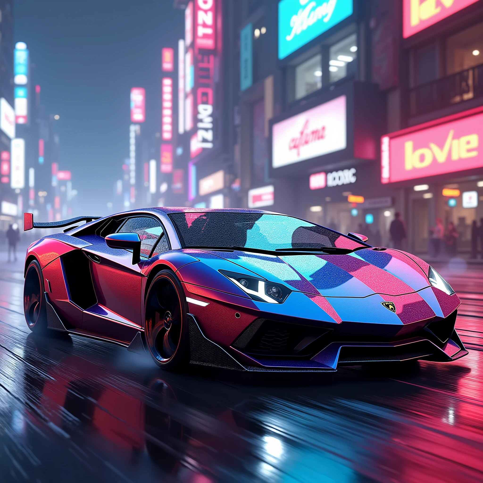 Aventador svj in cyberpunk leon city ultra realistic light colour RGB ultra realistic