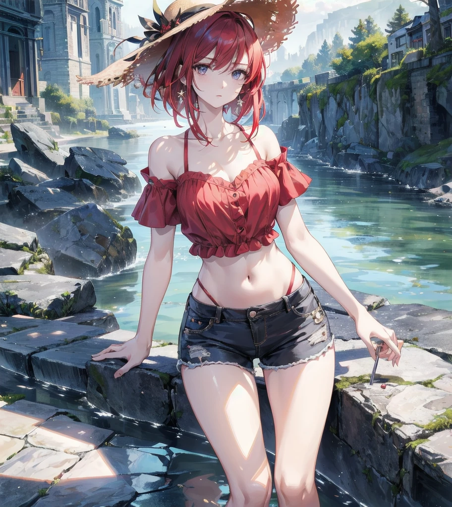 absurdres, RAW photo, extremely delicate and beautiful, masterpiece, Highest Quality, ultra high resolution, 32k, hyperrealistic, realistic, photorealistic, photo-realistic, Real, ultra-detailed, Very detailed CG 8k wallpaper, detailed background, landscape, Beautiful Lighting, Perfect Lightning, Realistic Shadows, perfect anatomy, anatomically correct, ideal ratio body proportions, perfect figure, Perfect Style, Perfect balance, super Detailed skin, in her 30s, very Slim body, narrow waist, very small head, very small face, delicate facial features, handsome detailed woman, very detailed eyes and face, realistic face proportions, Realistic beautiful face, Realistic beautiful eyes, tearful mole, earring, full body shot, very huge round tits, medium hair, asymmetrical hair, red hair, blouse, bare collarbone, midriff, shorts, straw hat,