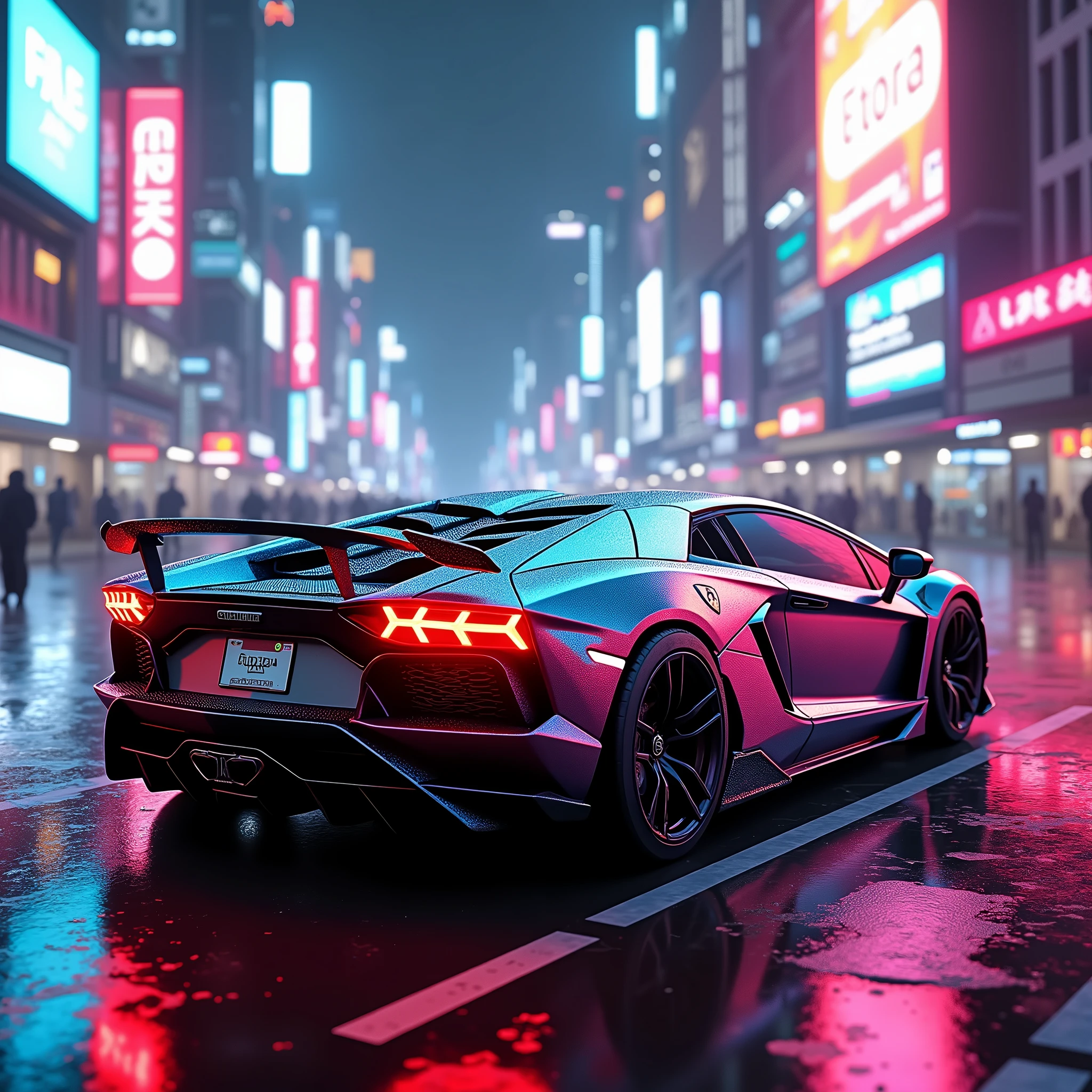 Aventador svj in cyberpunk leon city ultra realistic light colour RGB ultra realistic 
