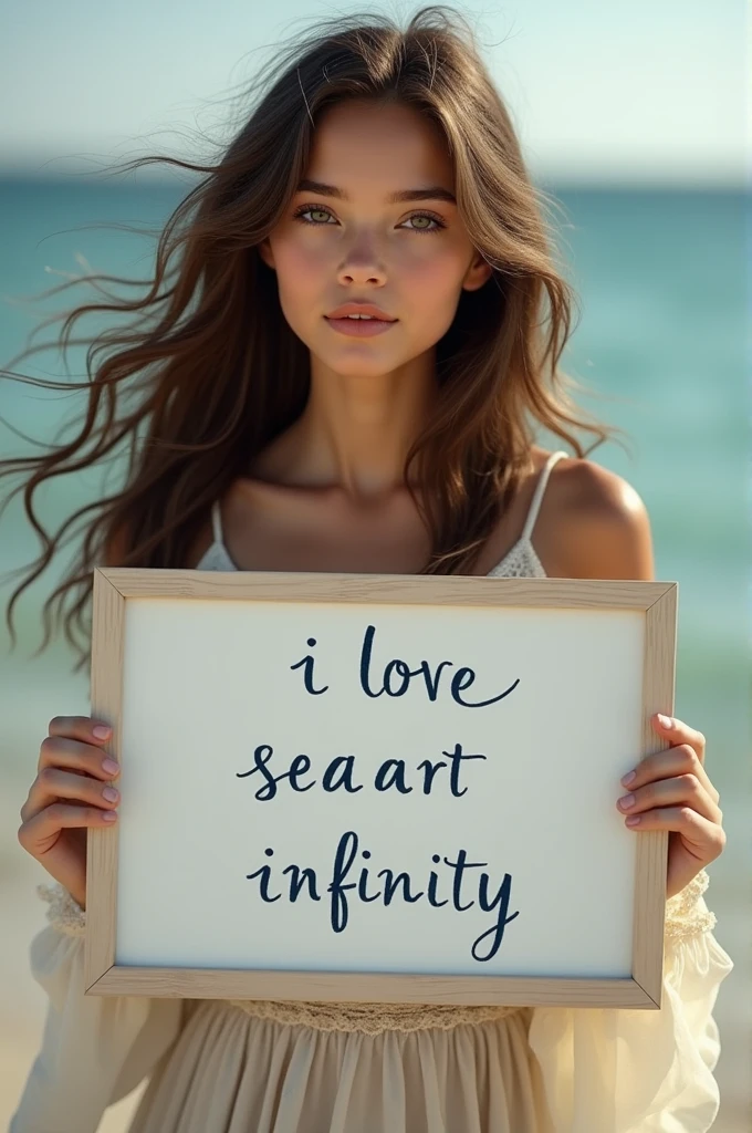 Beautiful girl with wavy long hair, bohemian dress, holding a white board with text "I Love Seaart Infinity" and showing it to the viewer