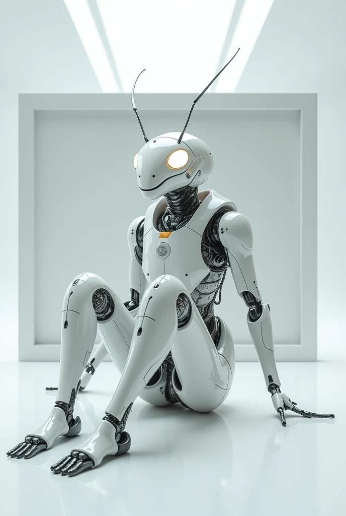 Ant in white glossy cyborg costume seating square