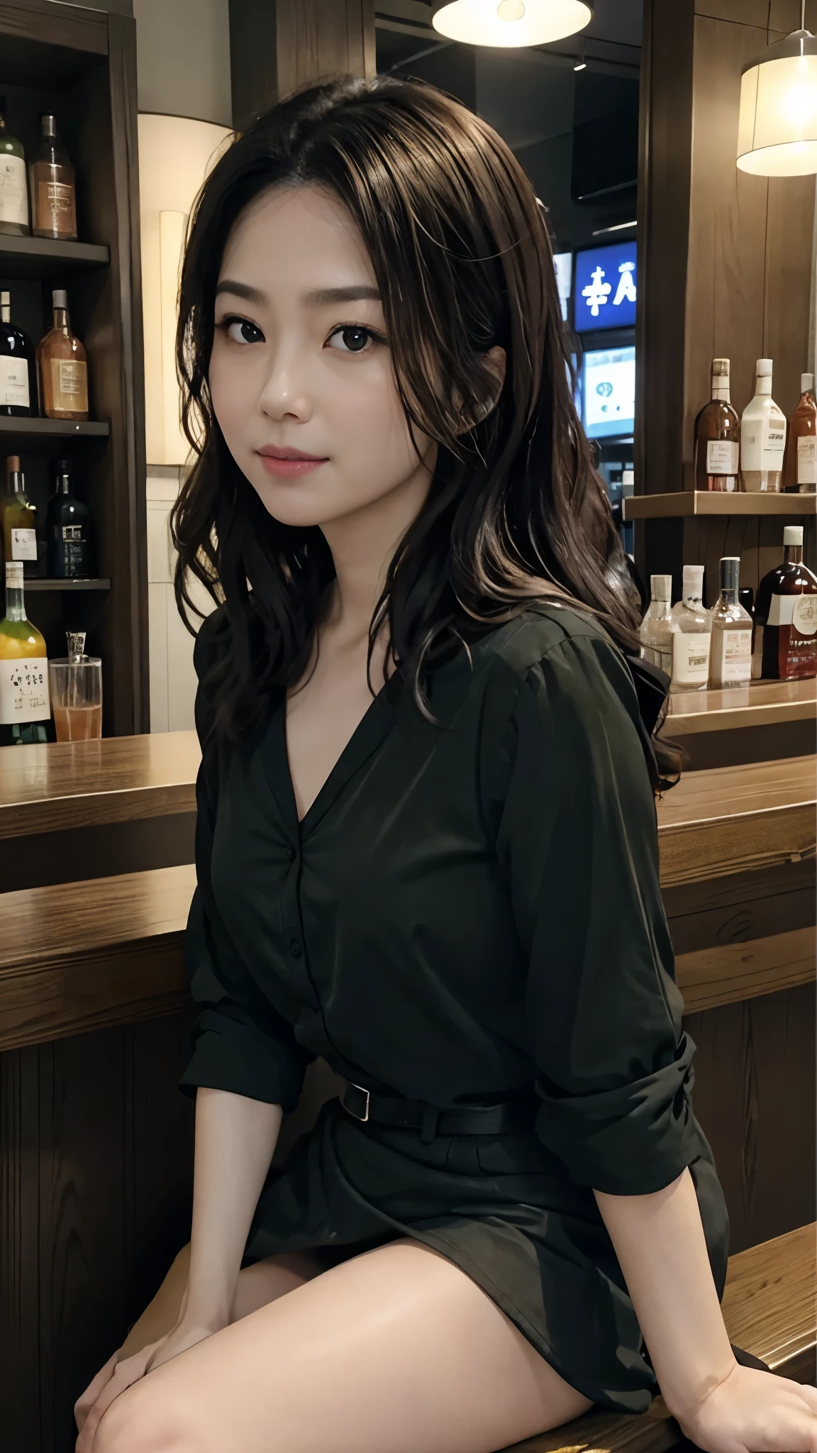 High-definition photos、Dimly lit quiet bar、Woman sitting on a chair drinking a cocktail at the counter、eye level、There are many drinks on the shelf behind the counter..、length, wavy black hair、black eye、Lonely look、顔は横を向く、カクテルグラスを持つ、口にグラスを付ける、目を閉じる