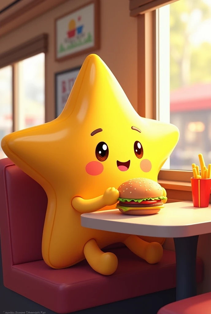 Create a cute little star at McDonald&#39;s by eating McDonald&#39;s, sitting down, glad 