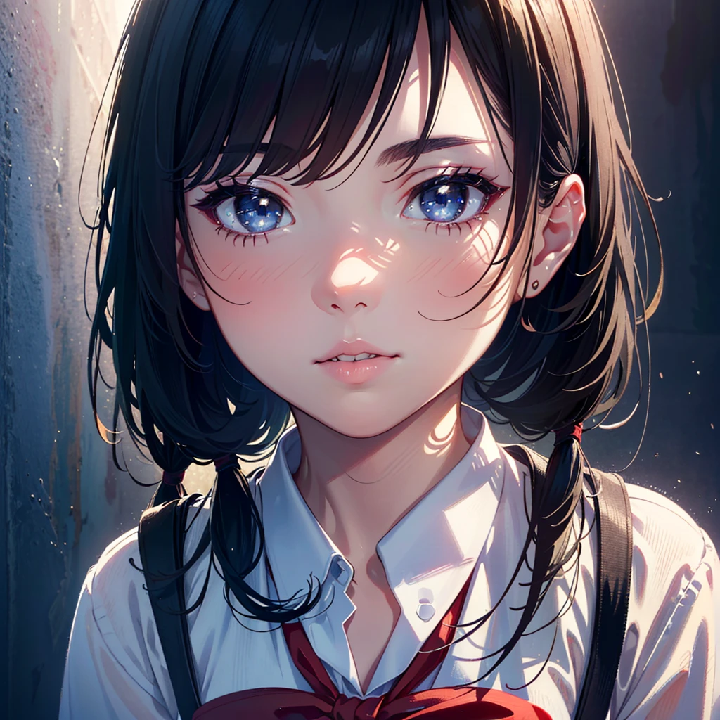 a beautiful woman with perfect face, white skin, black hair in 2 donut shaped pigtails, wearing white and red school uniform clothes, black eyes, detailed face, highly detailed portrait, (best quality,4k,8k,highres,masterpiece:1.2),ultra-detailed,(realistic,photorealistic,photo-realistic:1.37),vivid colors,soft lighting,cinematic lighting,beautiful detailed eyes,beautiful detailed lips,extremely detailed eyes and face,longeyelashes,1girl,school uniform