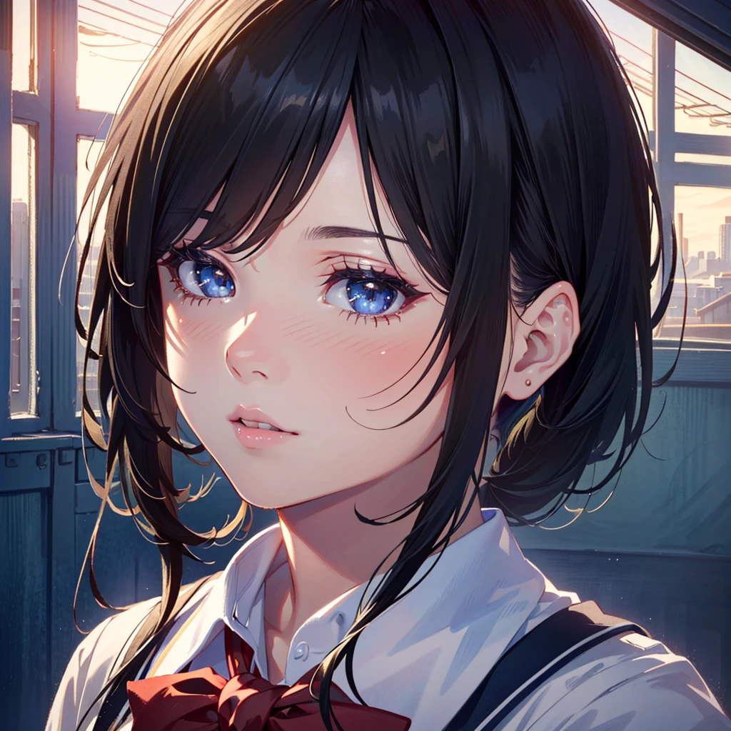a beautiful woman with perfect face, white skin, black hair in 2 donut shaped pigtails, wearing white and red school uniform clothes, black eyes, detailed face, highly detailed portrait, (best quality,4k,8k,highres,masterpiece:1.2),ultra-detailed,(realistic,photorealistic,photo-realistic:1.37),vivid colors,soft lighting,cinematic lighting,beautiful detailed eyes,beautiful detailed lips,extremely detailed eyes and face,longeyelashes,1girl,school uniform