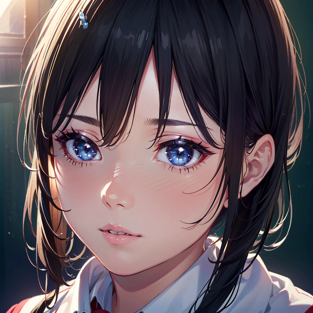 a beautiful woman with perfect face, white skin, black hair in 2 donut shaped pigtails, wearing white and red school uniform clothes, black eyes, detailed face, highly detailed portrait, (best quality,4k,8k,highres,masterpiece:1.2),ultra-detailed,(realistic,photorealistic,photo-realistic:1.37),vivid colors,soft lighting,cinematic lighting,beautiful detailed eyes,beautiful detailed lips,extremely detailed eyes and face,longeyelashes,1girl,school uniform