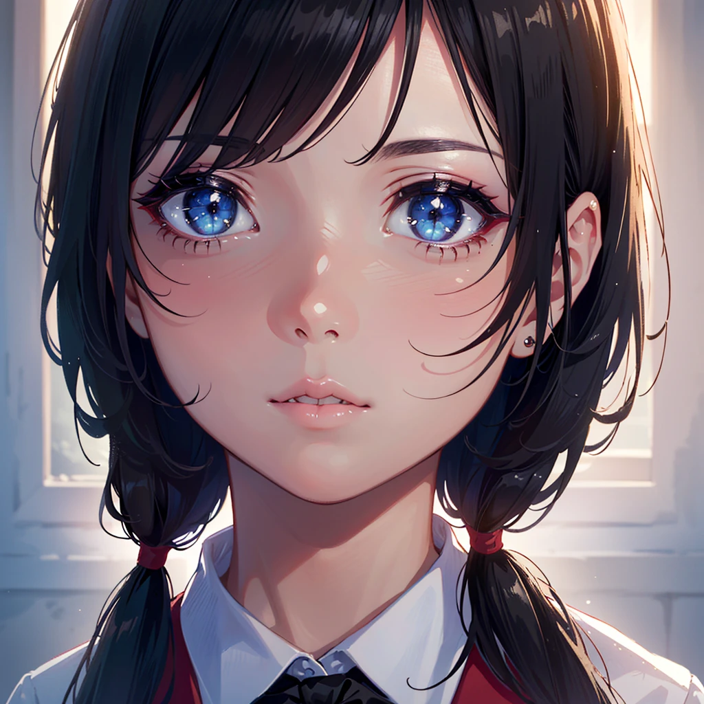 a beautiful woman with perfect face, white skin, black hair in 2 donut shaped pigtails, wearing white and red school uniform clothes, black eyes, detailed face, highly detailed portrait, (best quality,4k,8k,highres,masterpiece:1.2),ultra-detailed,(realistic,photorealistic,photo-realistic:1.37),vivid colors,soft lighting,cinematic lighting,beautiful detailed eyes,beautiful detailed lips,extremely detailed eyes and face,longeyelashes,1girl,school uniform