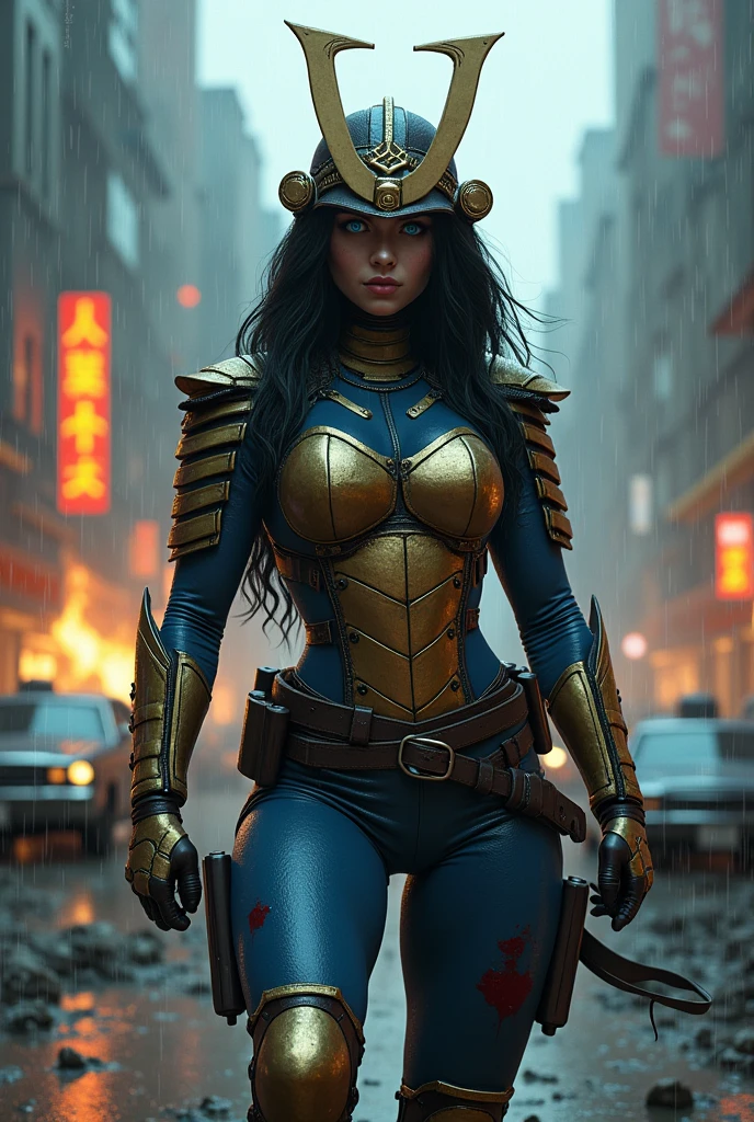A beautiful woman under the cloak of the warrior Big Barda has long hair, black and almost always hidden by his samurai helmet. His eyes are light blue. Her superheroine costume is samurai themed.. His costume usually includes a blue jumpsuit and a gold armor top over his jumpsuit on his knees screaming exhausted after an extensive battle blood around him in an apocalyptic and rainy city cars and buildings on fire Aquaman costume