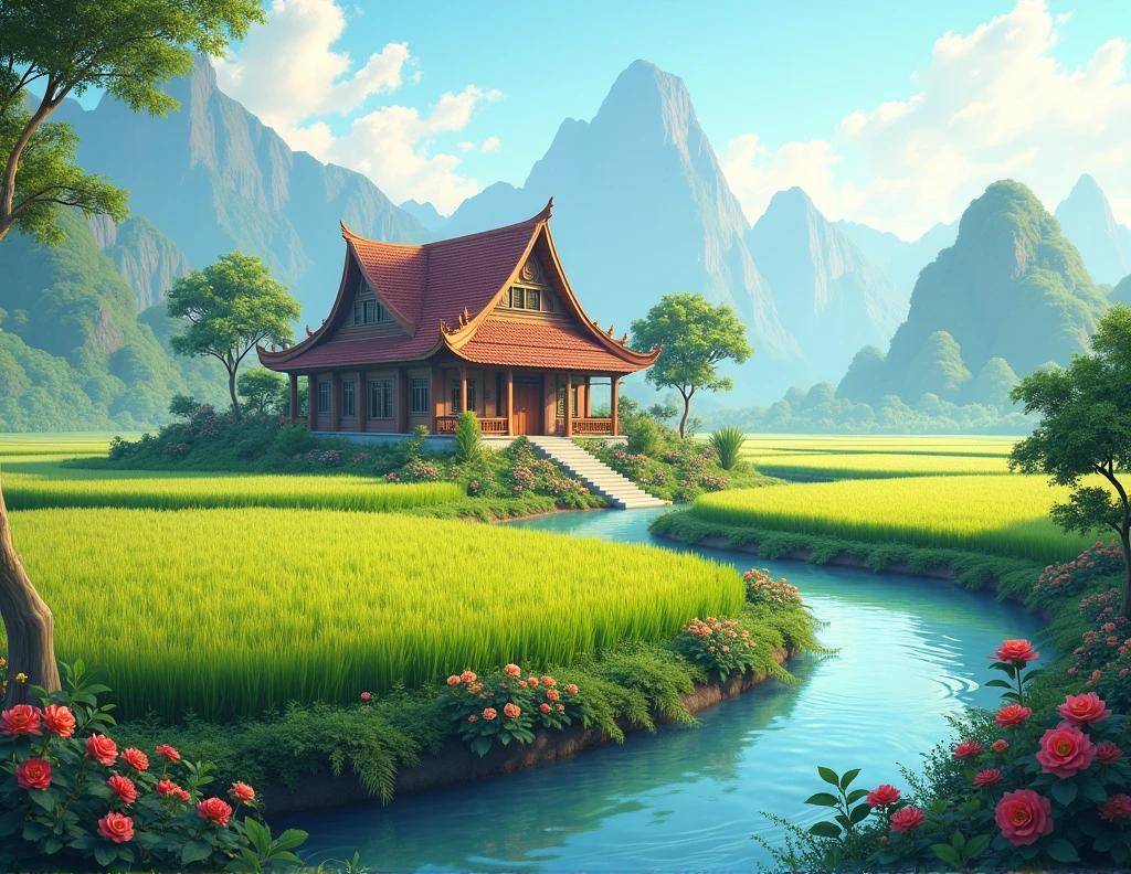 ((realistic)), a wonderful Khmer style cottage in the ricefield rolling along a river and a garden of rose flowers. there are mountai ns at the back filling with transparent folk