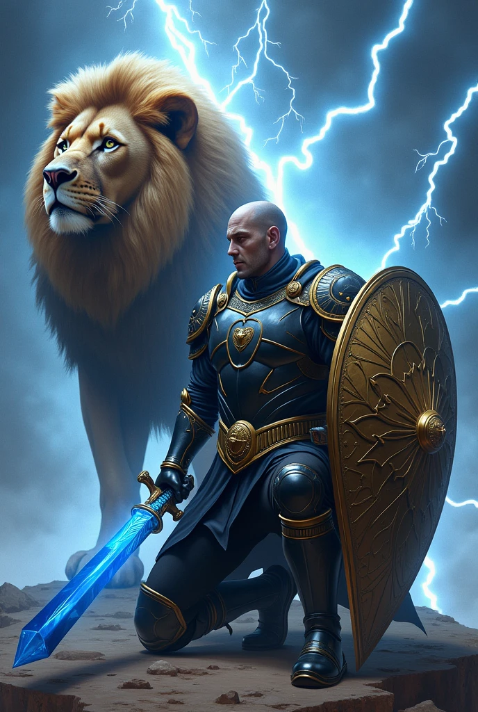 A soldier wearing an armor with a black color and golden edge, solider kneeling down only on the right leg,blue sword on his right hand, A golden shield on the left hand, a giant mighty lion standing behind the soldier , a lightning all over the place,a dove on the shoulder of the soldier