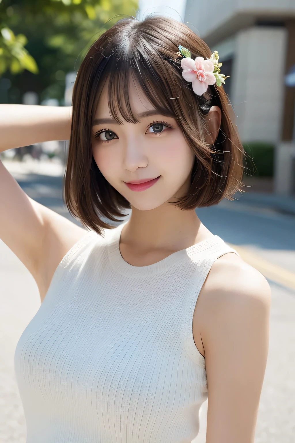 masutepiece, Best Quality, Illustration, Ultra-detailed, finely detail, hight resolution, 8K Wallpaper, Perfect dynamic composition, Beautiful detailed eyes, Women's Fashion Summer,Short bob hair,Small  natural color lip, Bold sexy po,Smile,Harajuku,18 years girl,Cute,Sexy shot king at camera,Sleeveless knitwear,White knitwear,Armpits,bura,Floral hair ornament,Large Breasts:1.8, dy:1.5,