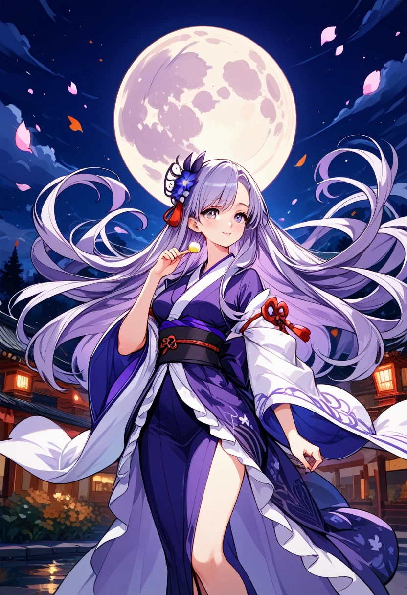 score_7_up,score_8_up,score_9,source anime,surper detail,ultra high res,highres,best quality,
BREAK, A cute anime-style girl standing under the full moon on the night of the Mid-Autumn Festival. She has flowing silver long hair and is wearing a blue and white traditional Japanese outfit. She's gently smiling as she extends her hand, illuminated by the moonlight. The background features a pale purple night sky with a full moon and slowly drifting clouds. Soft moonlight surrounds her, creating a dreamy and beautiful atmosphere.
