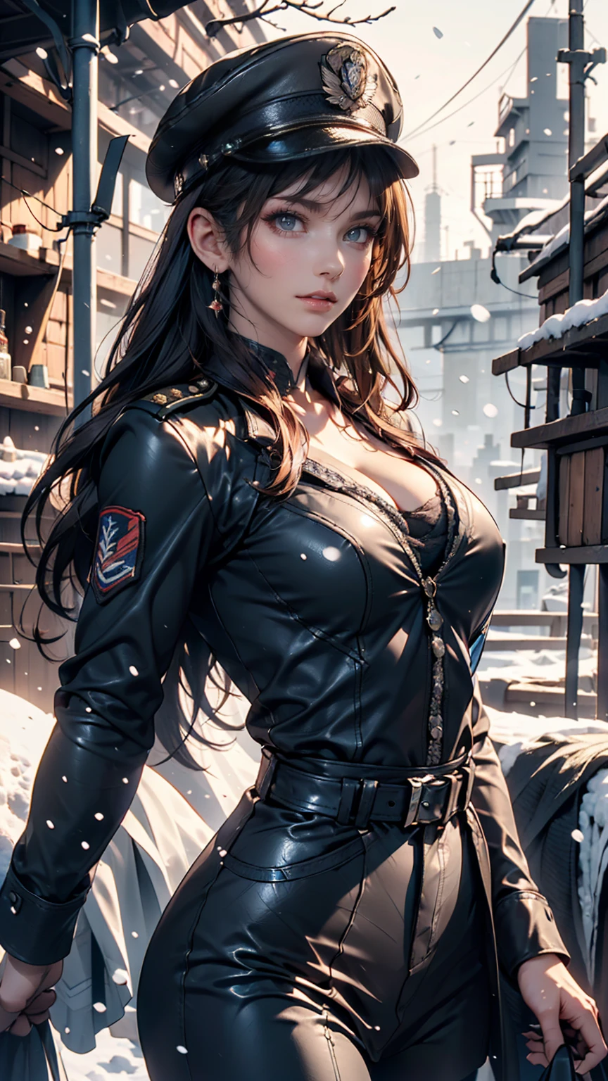 beautiful ((similar)) Lilith Building posing in (Dynamic pose) As a dieselpunk army officer in World War II, Wearing a black leather uniform that shows her cleavage、Wearing a leather military cap, Reference Photo, 最high quality, high quality, (Detailed face and eyes), dusk lighting,, Heavy makeup, industrial use, outdoor snow forest background ((close))