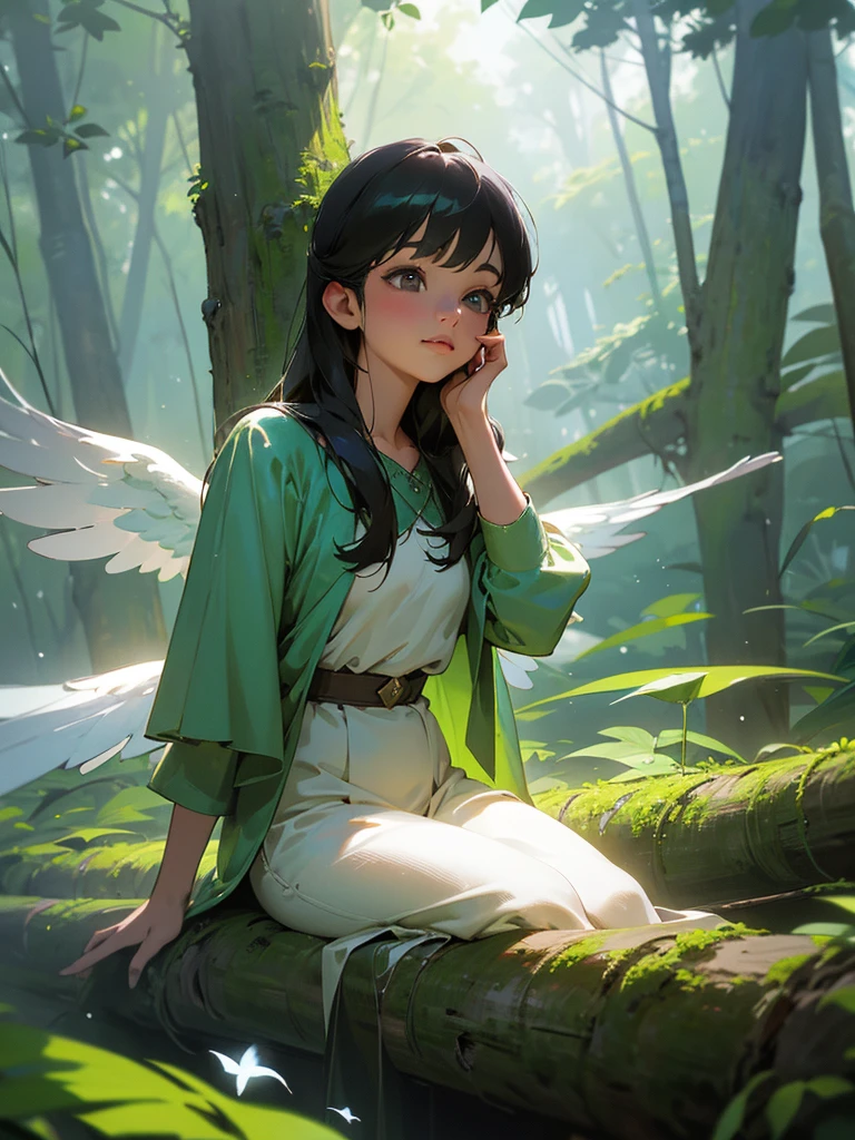 a young girl sitting on a mossy log in a tranquil forest, sunlight filtering through the dense canopy, casting soft, dappled light on her, large, luminescent wings gracefully soaring above the treetops, surrounded by birds and a clear blue sky in a dream bubble above her, vibrant and magical scene inside the bubble contrasting with the calm, earthy tones of the forest, blend of serenity, wonder, and the longing to break free and explore the skies, (best quality,4k,8k,highres,masterpiece:1.2),ultra-detailed,(realistic,photorealistic,photo-realistic:1.37),extremely detailed eyes and face, beautiful detailed lips, longeyelashes, portrait, fantasy, natural lighting, lush forest, magical realism, vivid colors