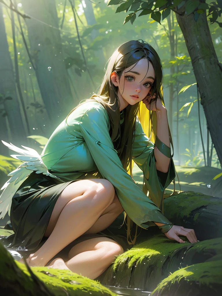 a young girl sitting on a mossy log in a tranquil forest, sunlight filtering through the dense canopy, casting soft, dappled light on her, large, luminescent wings gracefully soaring above the treetops, surrounded by birds and a clear blue sky in a dream bubble above her, vibrant and magical scene inside the bubble contrasting with the calm, earthy tones of the forest, blend of serenity, wonder, and the longing to break free and explore the skies, (best quality,4k,8k,highres,masterpiece:1.2),ultra-detailed,(realistic,photorealistic,photo-realistic:1.37),extremely detailed eyes and face, beautiful detailed lips, longeyelashes, portrait, fantasy, natural lighting, lush forest, magical realism, vivid colors