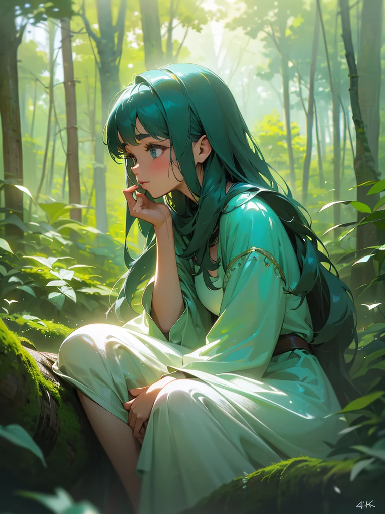 a young girl sitting on a mossy log in a tranquil forest, sunlight filtering through the dense canopy, casting soft, dappled light on her, large, luminescent wings gracefully soaring above the treetops, surrounded by birds and a clear blue sky in a dream bubble above her, vibrant and magical scene inside the bubble contrasting with the calm, earthy tones of the forest, blend of serenity, wonder, and the longing to break free and explore the skies, (best quality,4k,8k,highres,masterpiece:1.2),ultra-detailed,(realistic,photorealistic,photo-realistic:1.37),extremely detailed eyes and face, beautiful detailed lips, longeyelashes, portrait, fantasy, natural lighting, lush forest, magical realism, vivid colors