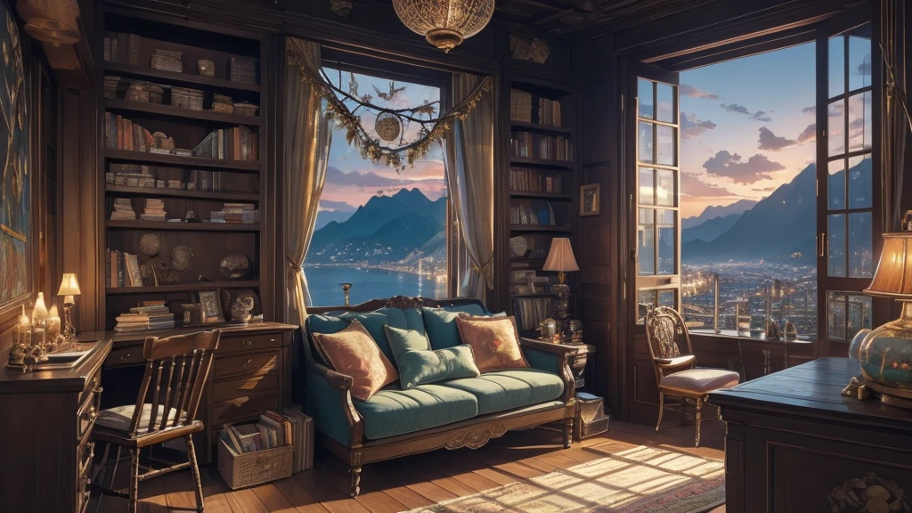 ((masterpiece)),((Highest quality)),((High Detail)), nobody, background, Great views from the large windows, Shelves lined with books, Watercolor, Painting on the wall, Chic furniture, Gold Element, Pot with branches, crystallization, Chest of drawers, A sideboard with a variety of books, cooking, dream catcher, Neon Garland, Colorful wreath, highlight, Great interior, View from the window, bridge, Ocean, Mountain々, sunset, Town, Neon Light, night, bed, sofa, pillow, candlestick, Bright room, Lots of light