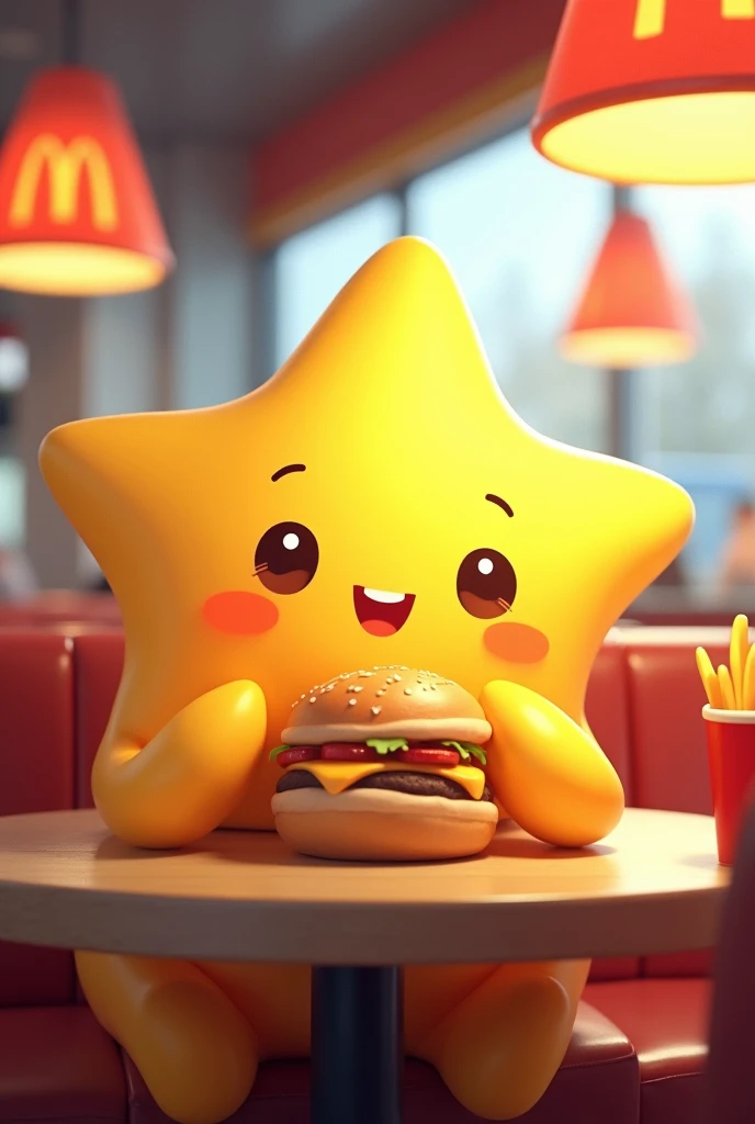 Create a cute little star at McDonald's by eating McDonald's, sitting down, glad