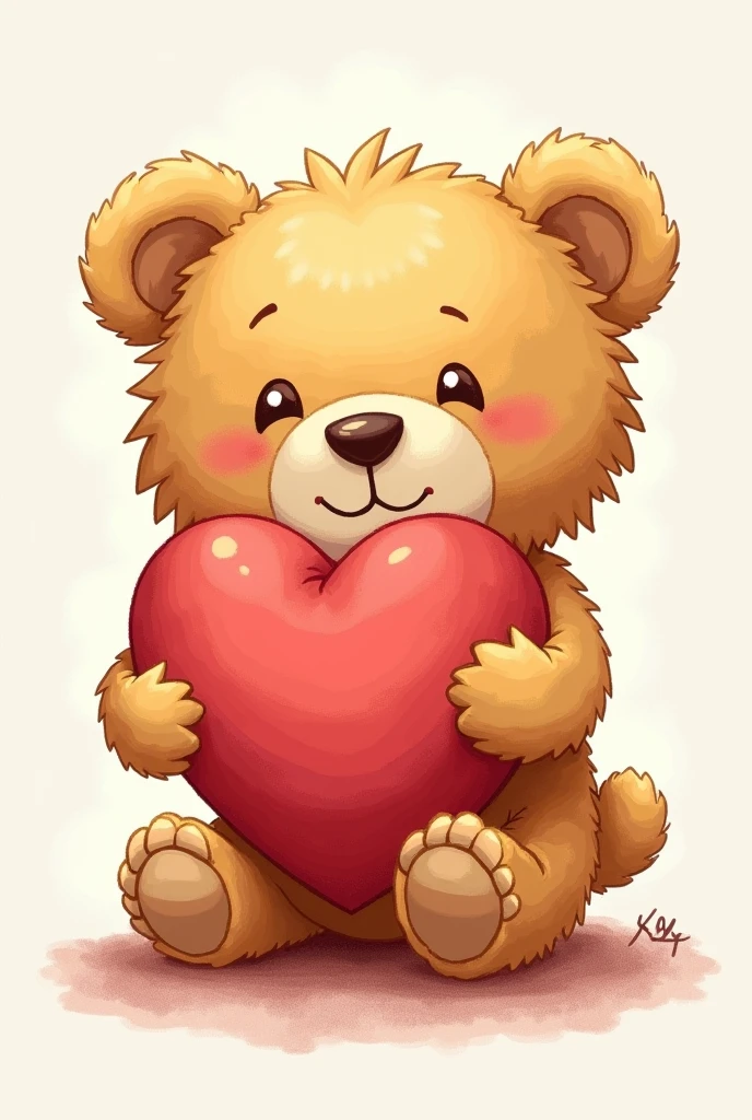 A stylized drawing of Fuzzball hugging a plush heart. This represents the comfort and warmth that teddy bears provide..