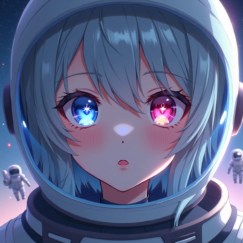 ( anime hd girl Close-up of a better masterpiece:1.5)0.9], (Space and astronauts:1.2) (Messy silver hair:1.1) (Heterochromia xanthochromia and blue eyes:1.2) (Space Helmet:1.0) (Colored stars in the eyes:1.0) (A radiant glow:1.1) (thick lips:0.9) ((((long hair))))
