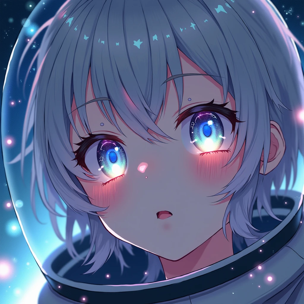 ( anime hd girl Close-up of a better masterpiece:1.5)0.9], (Space and astronauts:1.2) (Messy silver hair:1.1) (Heterochromia xanthochromia and blue eyes:1.2) (Space Helmet:1.0) (Colored stars in the eyes:1.0) (A radiant glow:1.1) (thick lips:0.9) ((((long hair))))