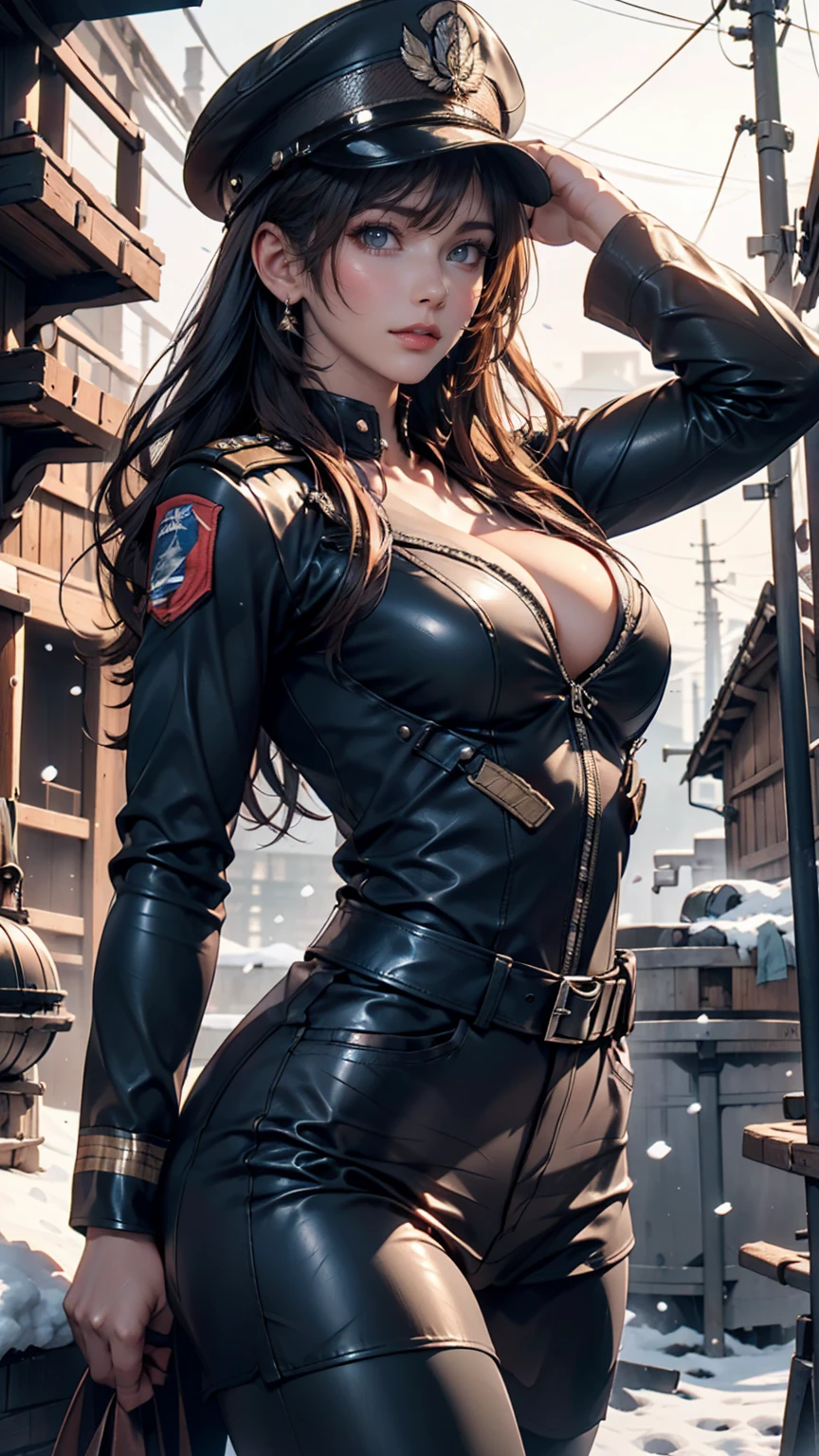 beautiful ((similar)) Lilith Building posing in (Dynamic pose) As a dieselpunk army officer in World War II, Wearing a black leather uniform that shows her cleavage、Wearing a leather military cap, Reference Photo, 最high quality, high quality, (Detailed face and eyes), dusk lighting,, Heavy makeup, industrial use, outdoor snow forest background   ((close))   